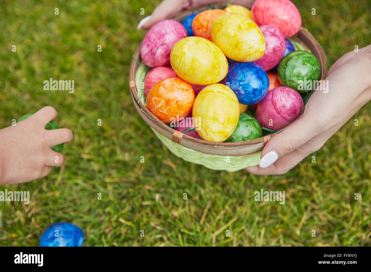 Osternest mit bunten Eiern Stockfoto