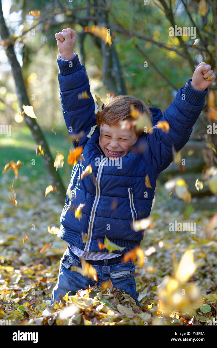 Junge werfen Herbst Blätter im Wald Stockfoto