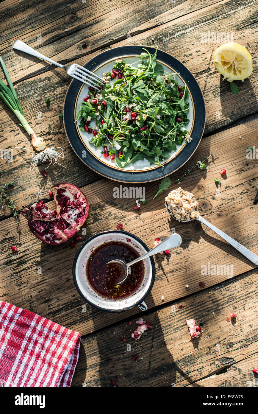 Grüner Salat mit Granatapfel-dressing, Frühlingszwiebel, Granatapfel, Manna Kruppe Stockfoto