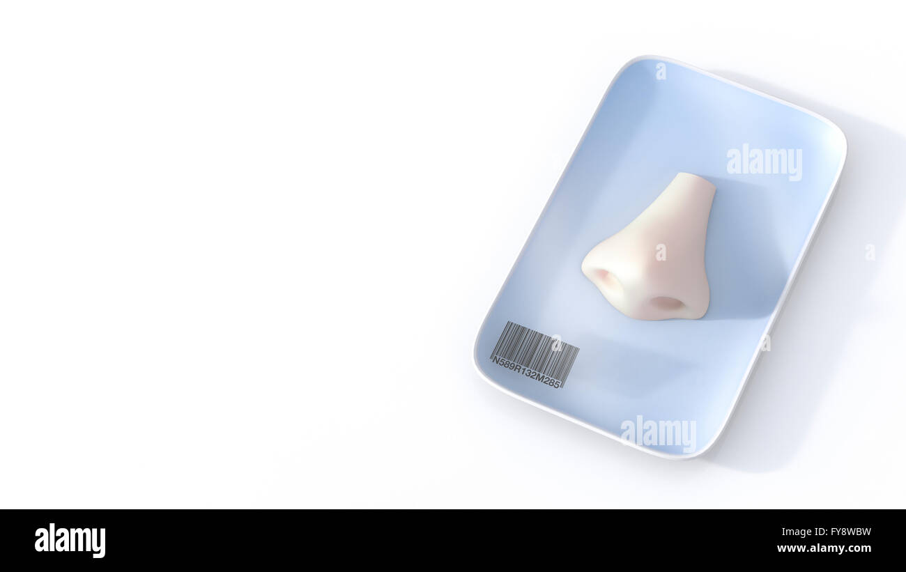 Nose auf Tablett mit Barcode, 3D-Rendering Stockfoto