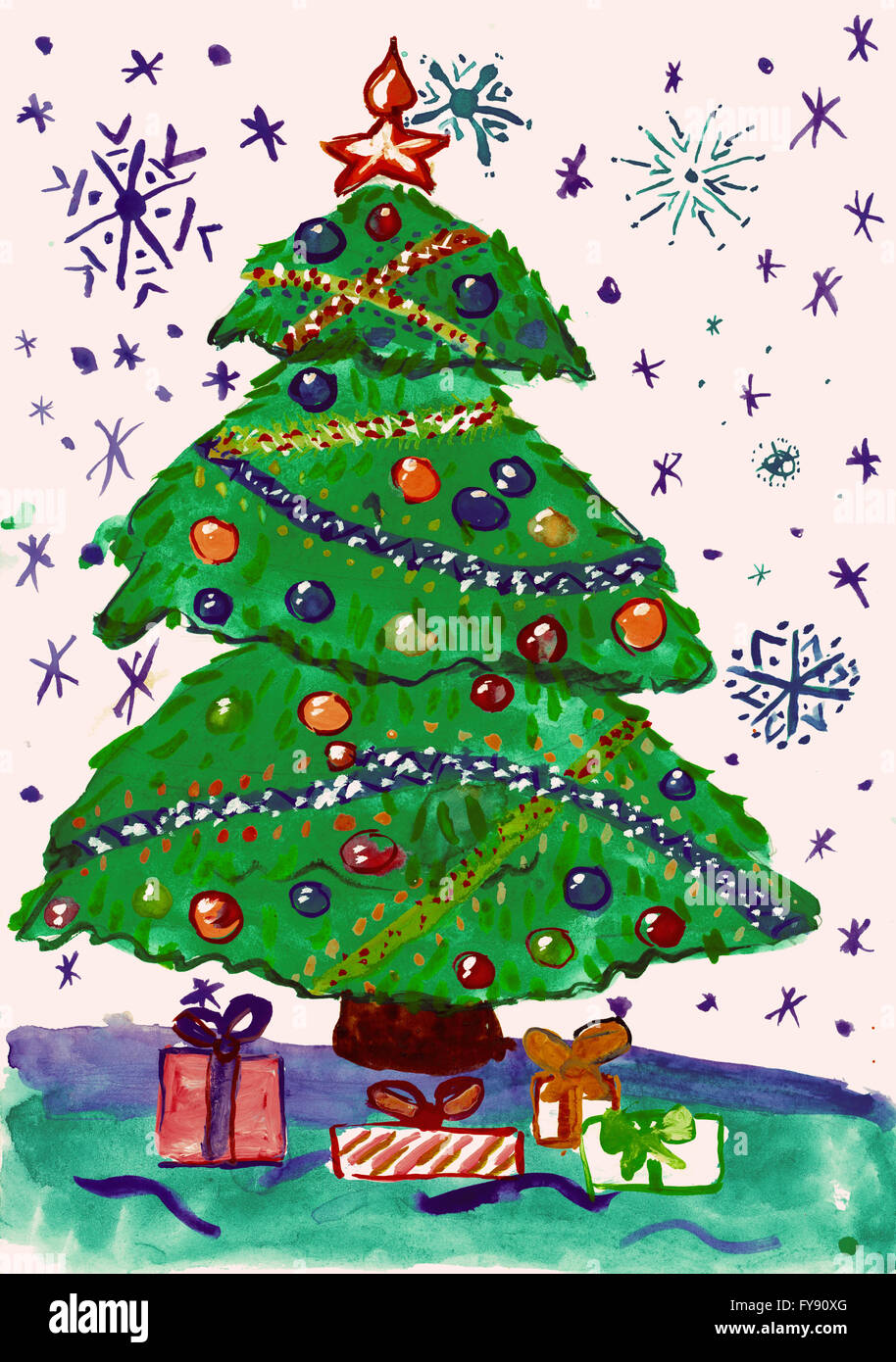 Weihnachtsbaum Tanne Mit Schnee Aquarell Malen Auf Papier Stockfotografie Alamy