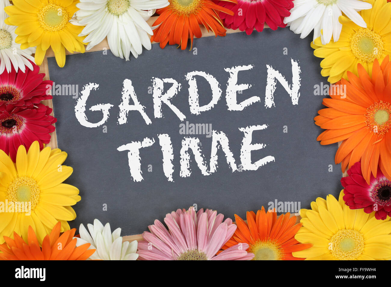 Zeit der Gärten mit bunten Blumen Blüte Board Schild Stockfoto