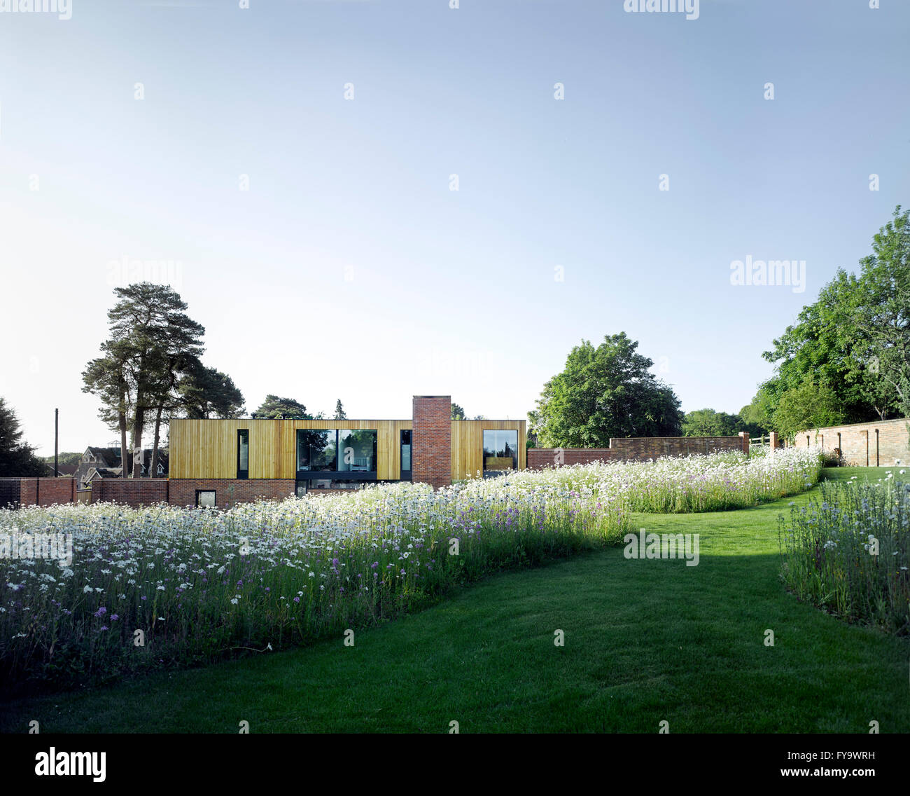 Fernsicht mit Wildblumenwiese, Gartenmauer und modernistischen Gebäude. Cheeran Haus, Lower Basildon, Großbritannien. Architekt: John Pardey Architekten, 2015. Stockfoto