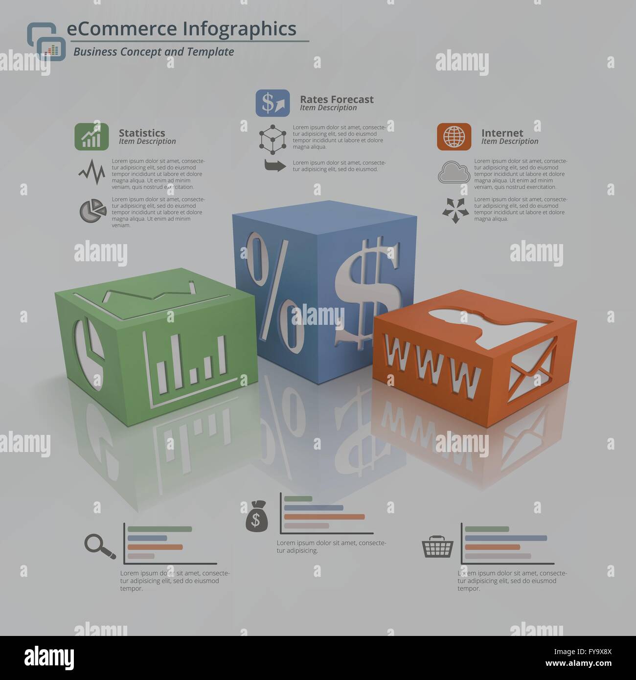 Infografik-Konzept 3D-Hintergrund drei Würfel auf einem weißen Boden mit Symbolen auf Gesicht und an den Seiten. Stock Vektor