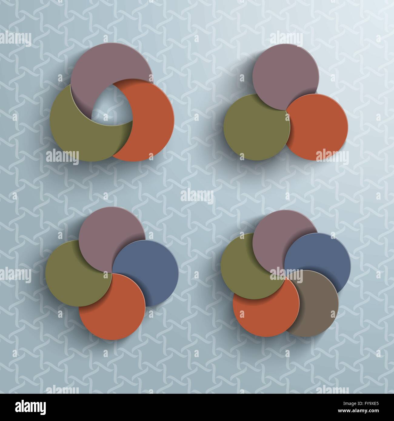 Abstraktes Vektor Hintergrund der vier Modelle der gestapelte Kreise. Farbenfrohes Design mit Schatten und Mustern. Stock Vektor