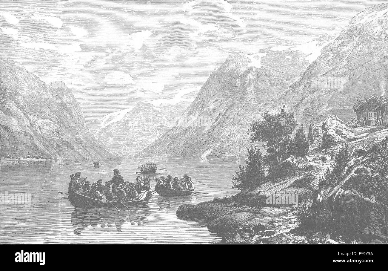 Norwegen: Die Rückkehr von der Hochzeit, Hardangerfjord, antique print 1890 Stockfoto