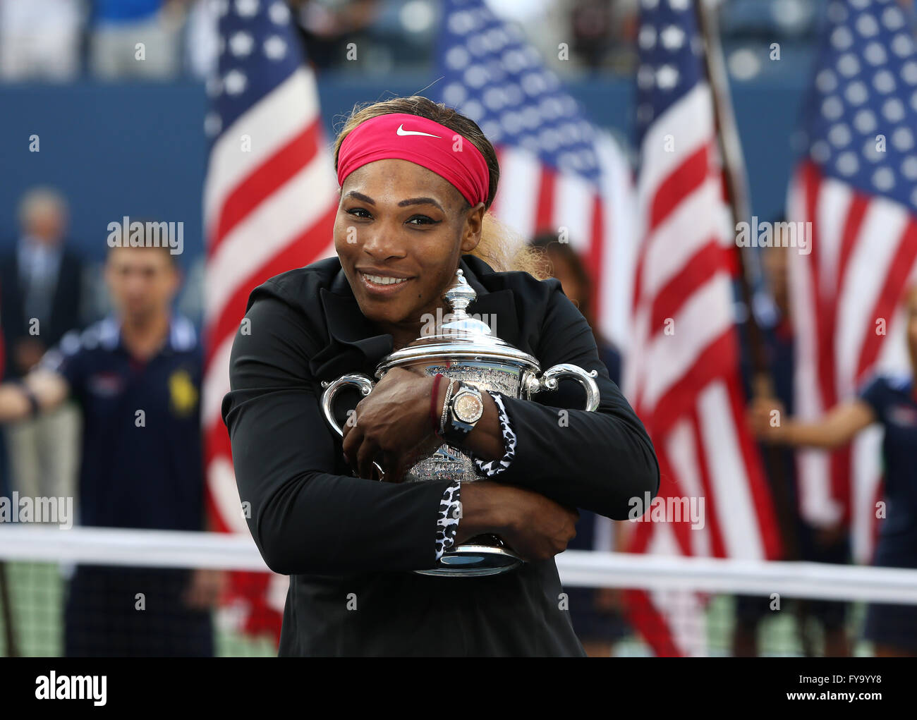 Preisverleihung, Serena Williams, Vereinigte Staaten, mit Trophäe, US Open 2014, ITF Grand-Slam-Tennis-Turnier, USTA-Sieger Stockfoto