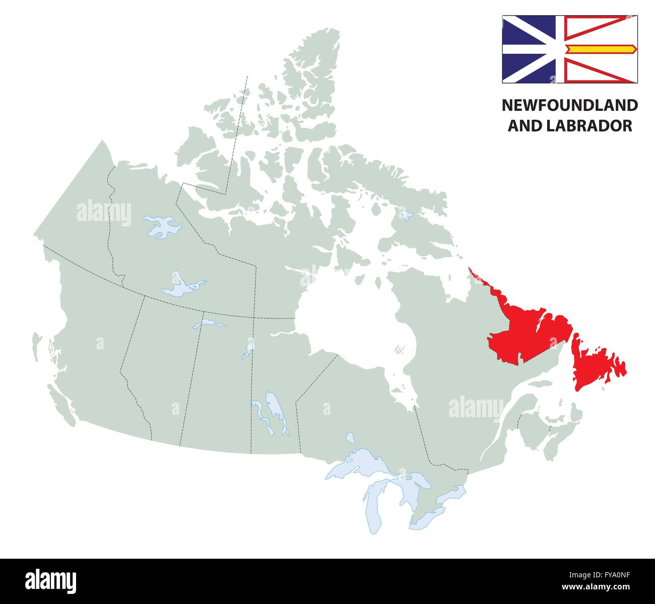 Übersichtskarte der kanadischen Provinz Neufundland und Labrador mit Flagge Stock Vektor