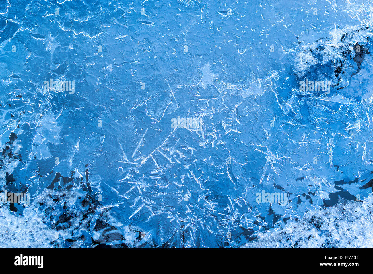 Blaues Eis Textur von gefrorenem Wasser in einer Pfütze mit gefrorenen Kristallmuster und Formen. Stockfoto