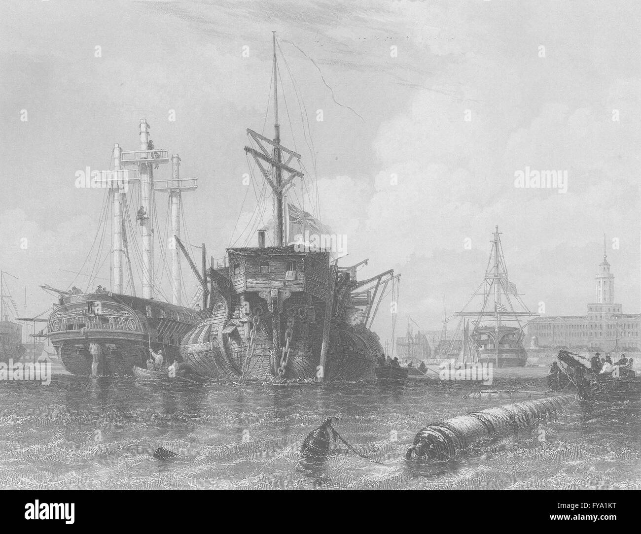 PORTSMOUTH: Takelage Hulk & ship; Bartlett; Finden, antiken print 1842 Stockfoto