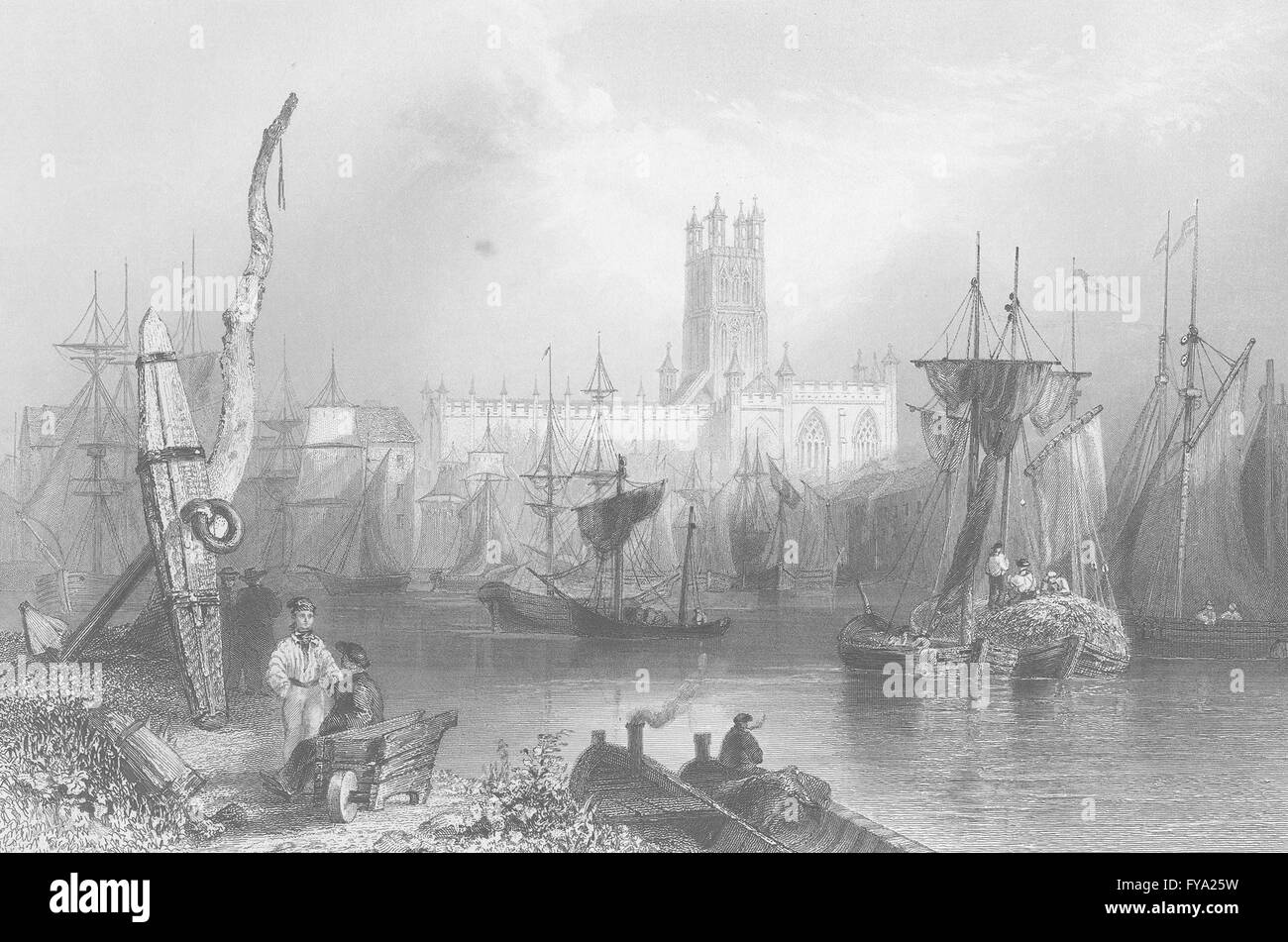 GLOS: Gloucester, Port & Kathedrale: Bartlett; Finden, antiken print 1842 Stockfoto