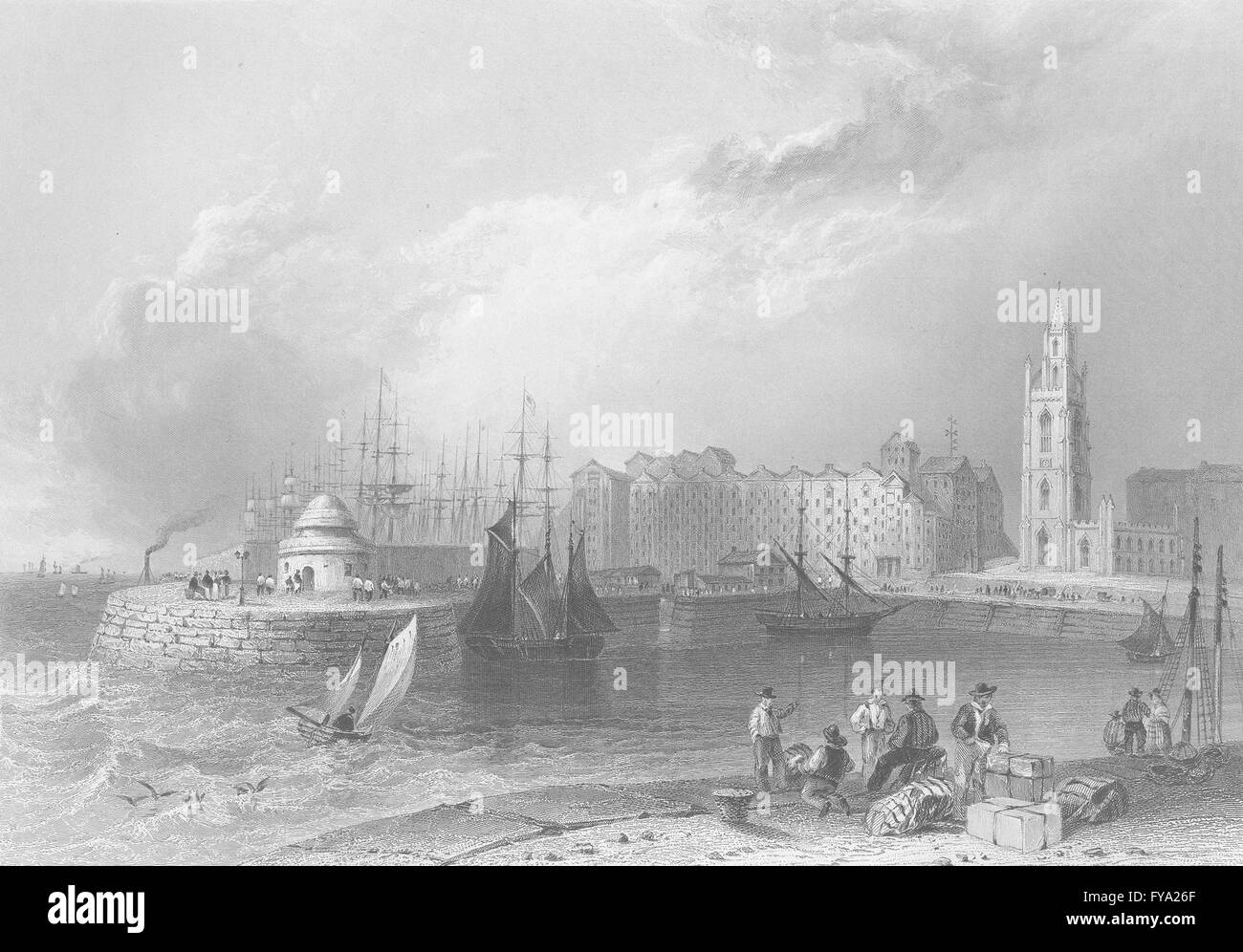 LIVERPOOL: St. Nicholas Church, Georges Becken: Finden, antiken print 1842 Stockfoto