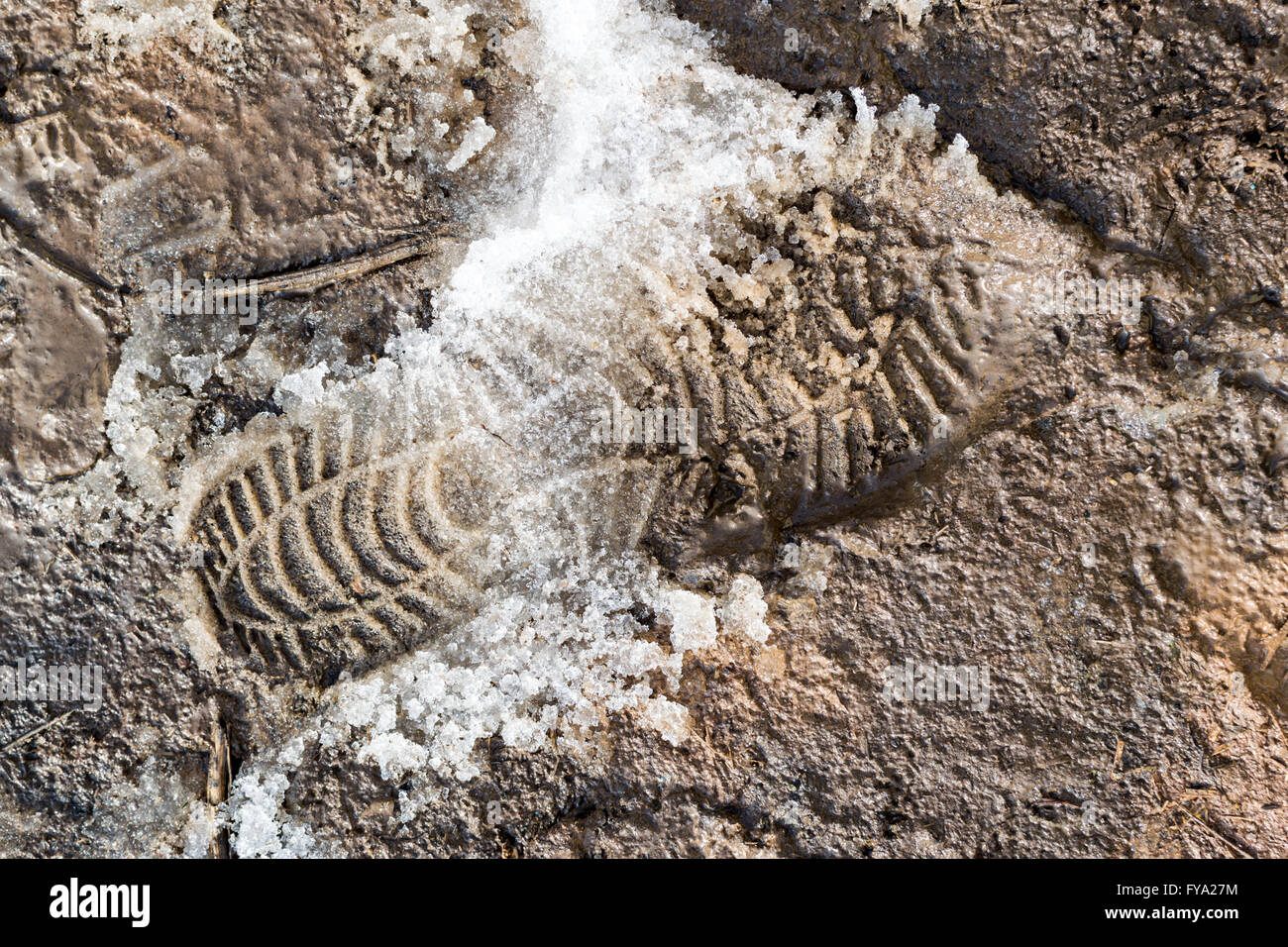 Menschlichen männlichen Erwachsenen Stiefelabdruck in Matsch und Schnee. Impressum erstellt Muster in frische Erde. Stockfoto