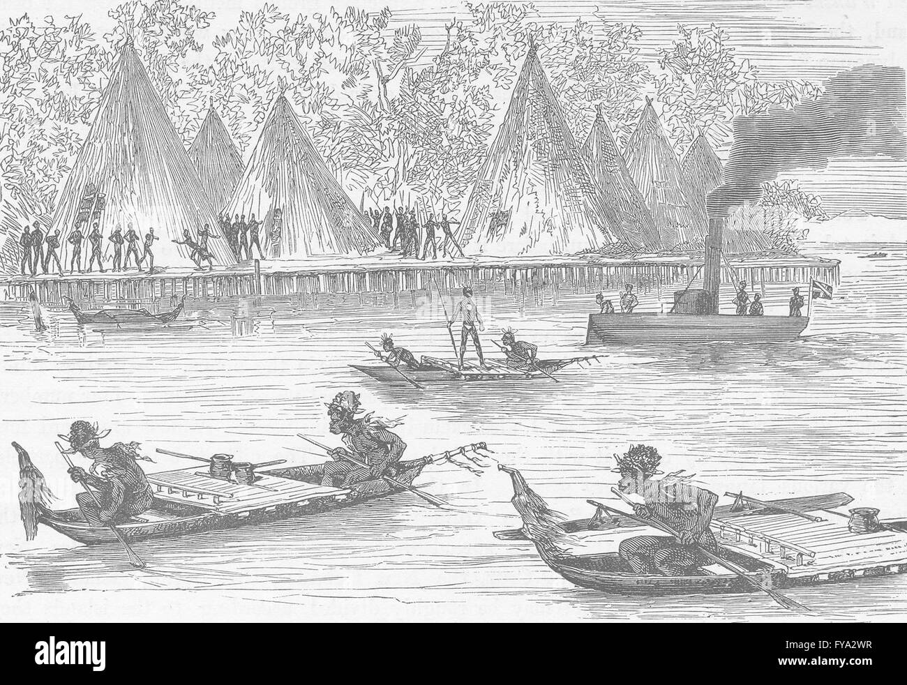 Papua-Neuguinea: Drucken Papuas von Humboldt Bay alarmiert bei der Dampf-Vorstellung, 1890 Stockfoto