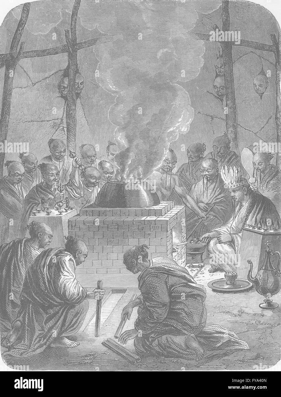 TIBET: Brennen des Körpers eines Lamas, Antique print 1892 Stockfoto
