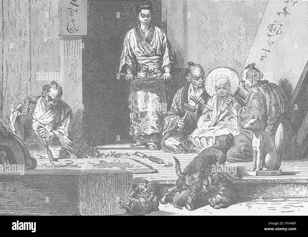 JAPAN: Studio eines japanischen Bildhauer auf Holz, antike print 1892 Stockfoto