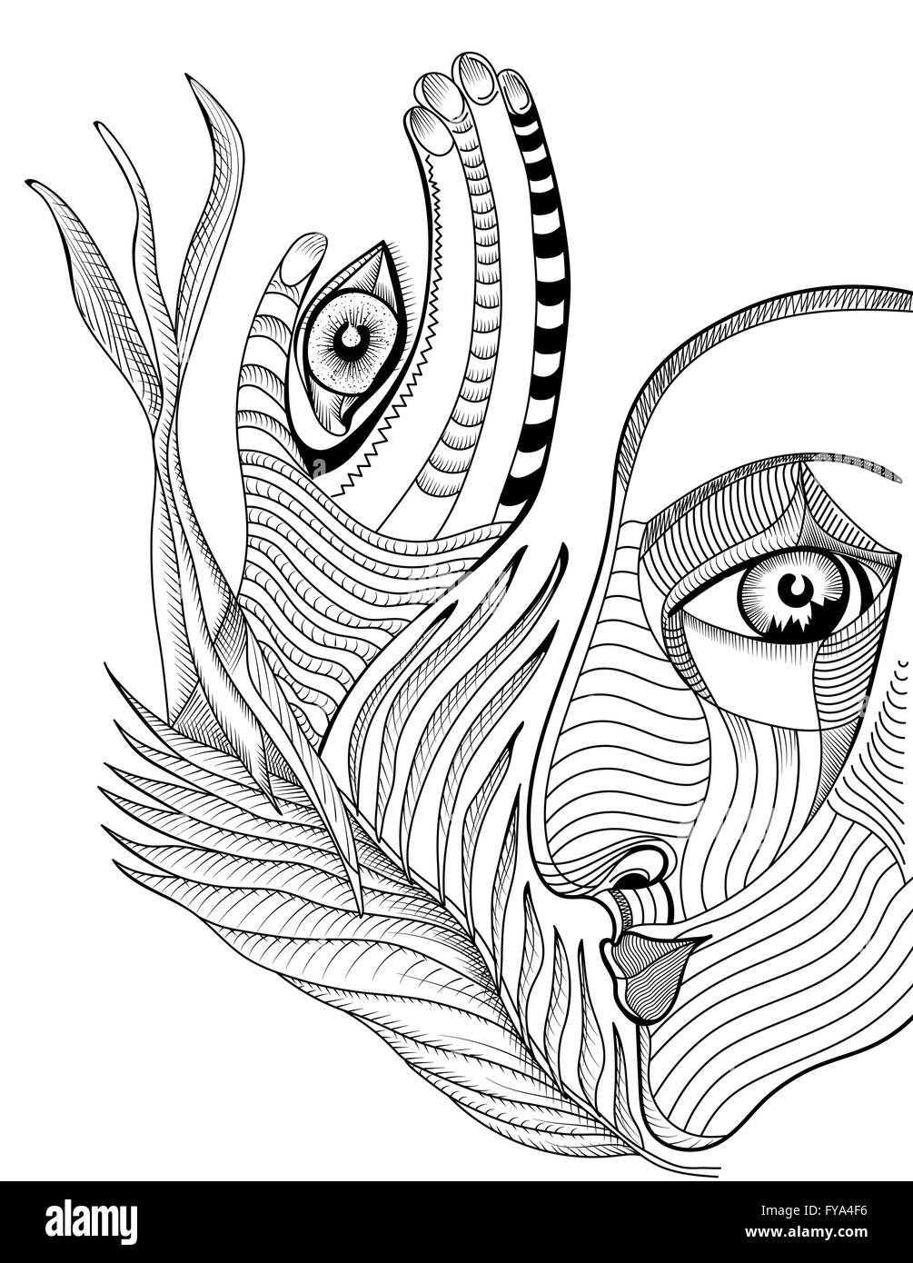 Abstrakt surreal Gesicht und Hand mit Mehndi Tattoo. Vektor Zeichnungsvorlage Hand. Stock Vektor