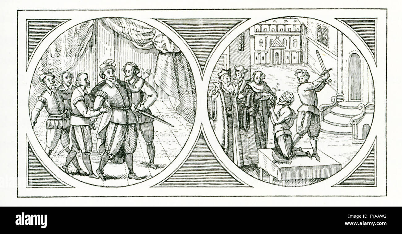 Der Marschall de Biron (1562-1602) war ein französischer Soldat, dessen Bemühungen ihm Ruhm einbrachte. Jedoch er dann geplottet, Frankreich in Abschnitte zu unterteilen und für sich eine unabhängige Burgund übernehmen. Er wurde in Abwesenheit des Hochverrats angeklagt und verleitet dann nach Paris, wo er verhaftet wurde (wie in der (wie in der Abbildung links zu sehen) und an der Bastille (wie in der Abbildung rechts zu sehen) am 31. Juli 1602 enthauptet. Die zwei Abbildungen hier sind die Front und Seiten einer Medaille aus dem Zeitraum zu reservieren. Stockfoto