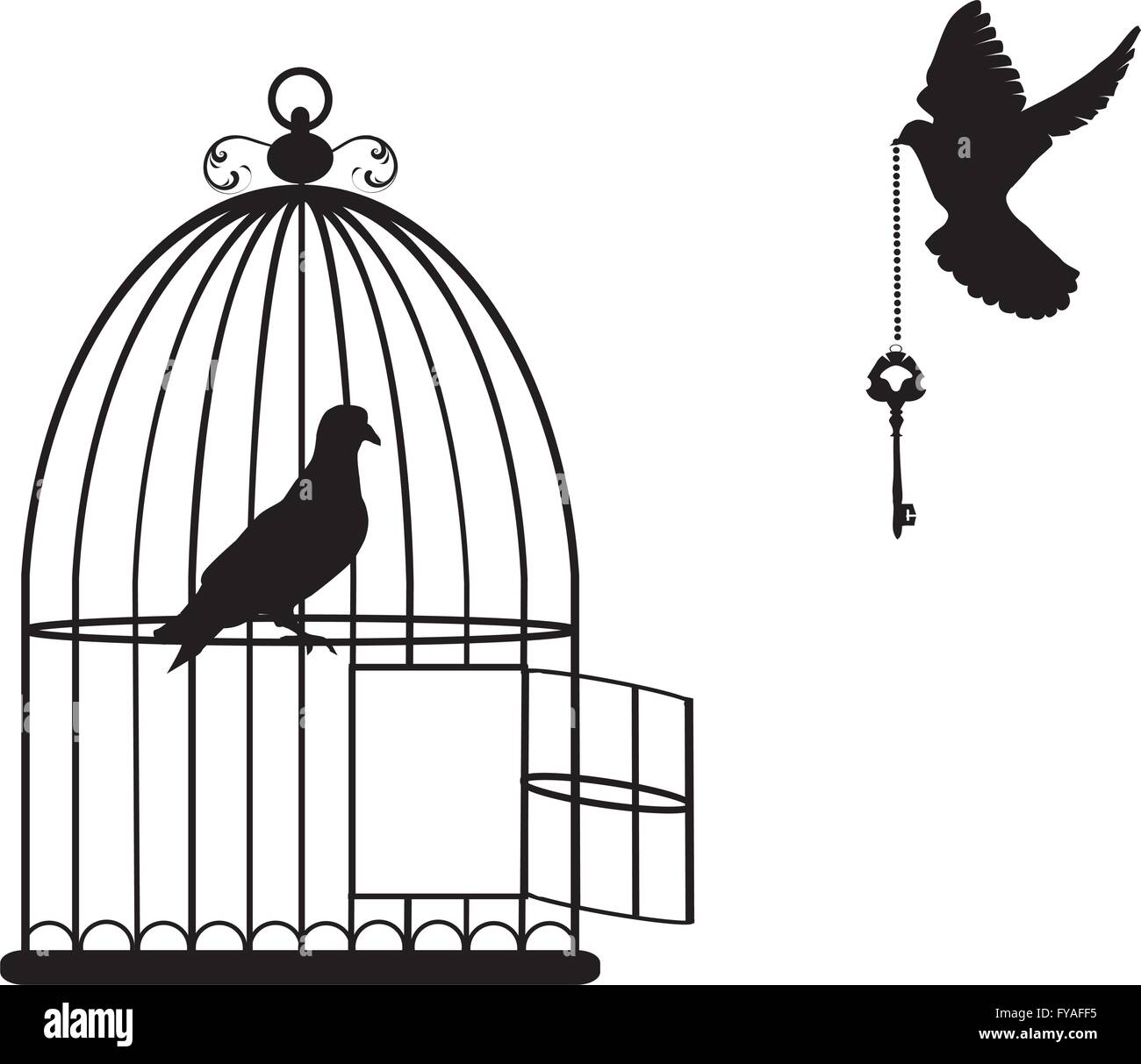 Vektor-Illustration von einem Vogelkäfig mit Tauben fliegen mit einem Schlüssel zu öffnen Stock Vektor