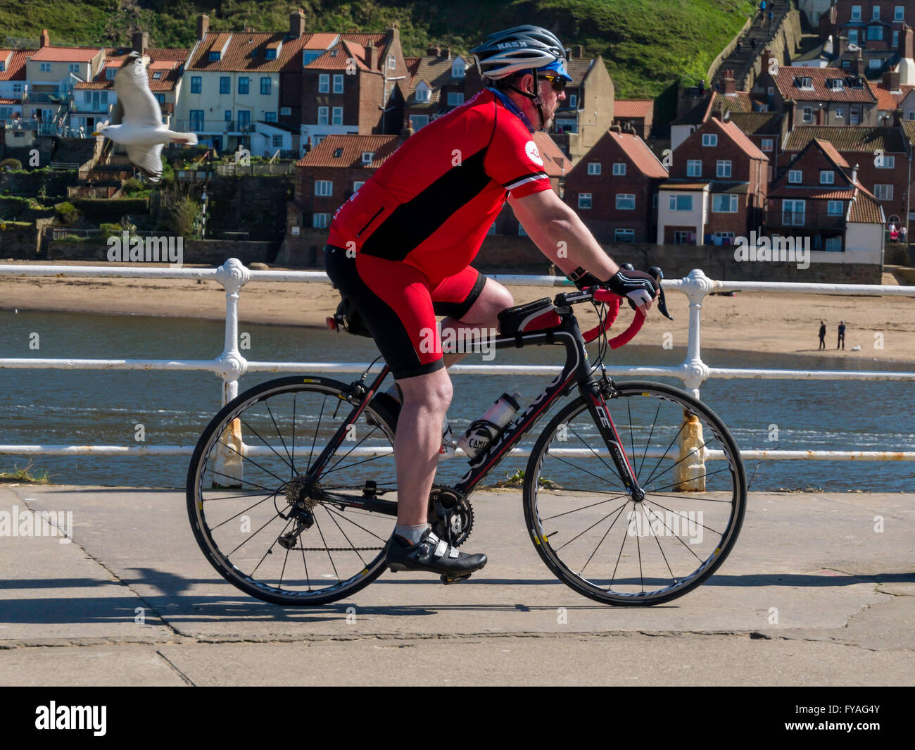Ein Mann mittleren Alters mit dem Sport-Fahrrad auf Whitby West Pier Stockfoto