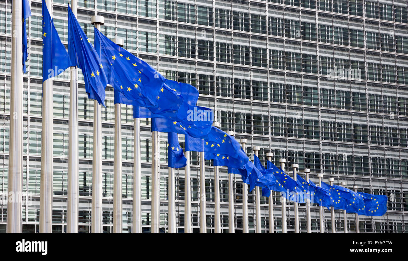 Fahnen vor der EU-Kommission in Brüssel Stockfoto