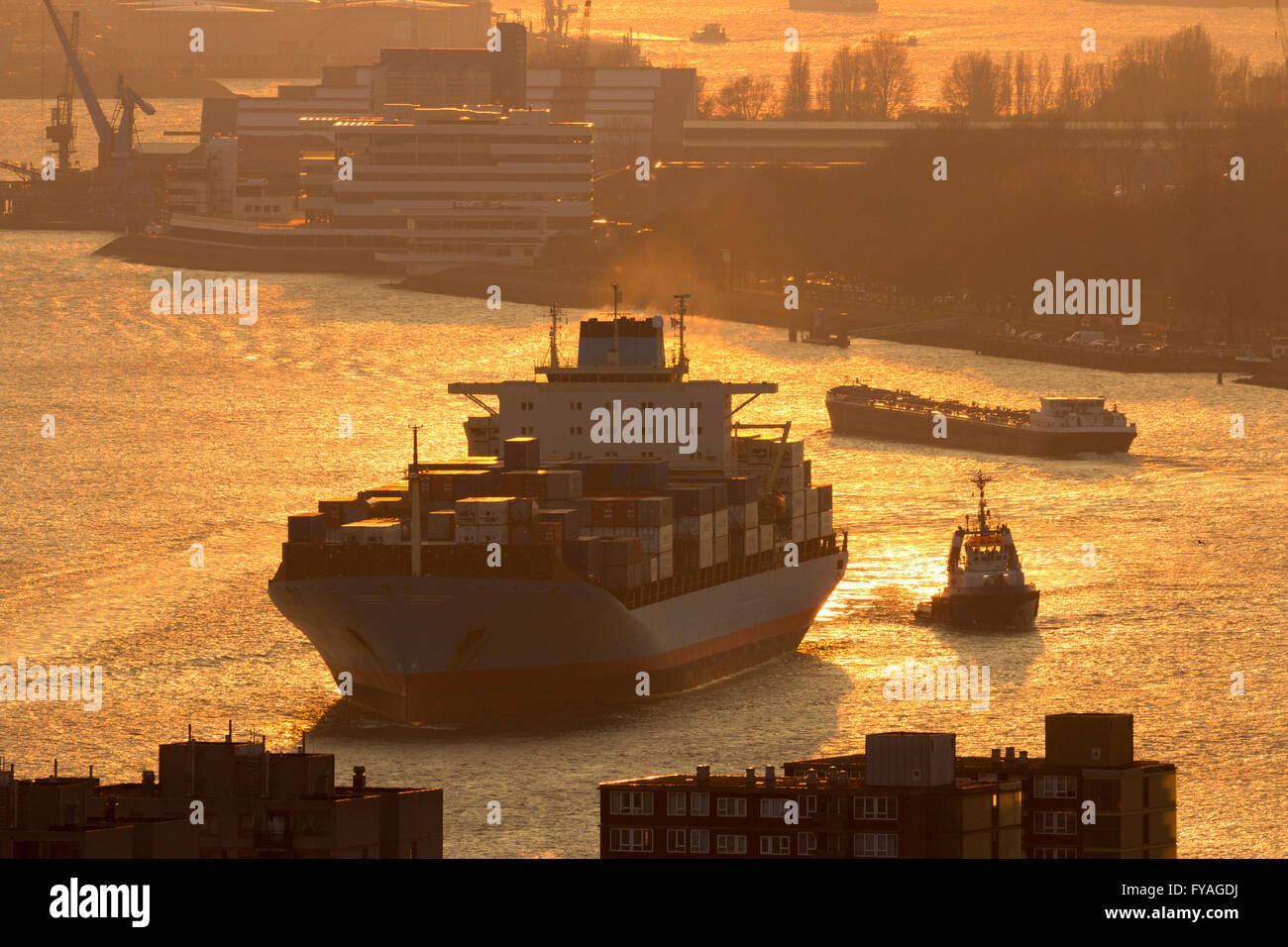 Schiff auf der Maas im Rotterdamer Hafen bei Sonnenuntergang Stockfoto