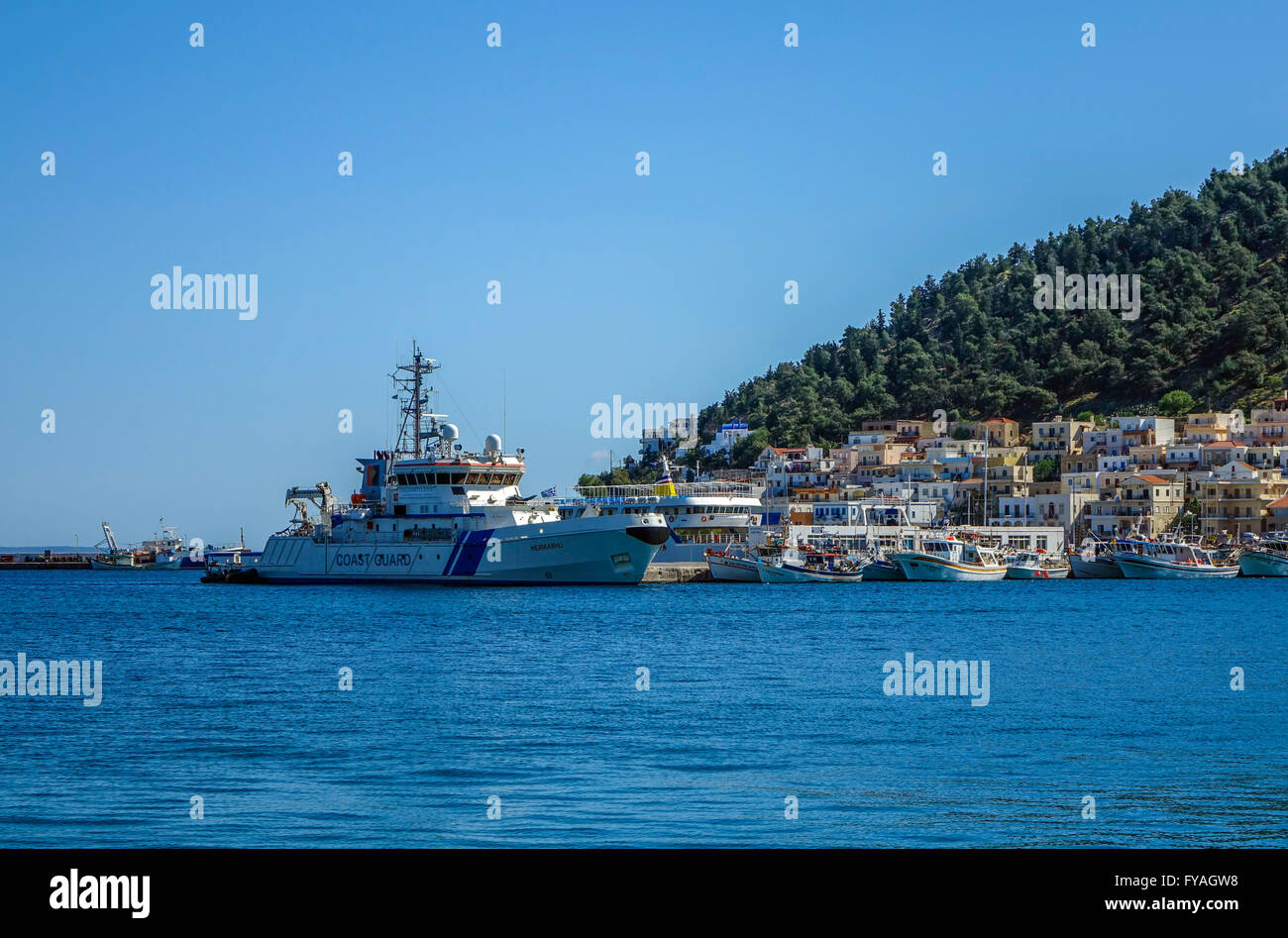 Merikarhu Schutz Schiff, Küstenwache, Hafen von Kalymnos Stockfoto