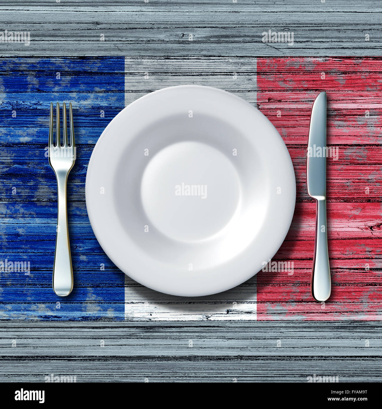 Französische Küche-Food-Konzept als ein Gedeck mit Messer und Gabel auf einen alten rustikalen Holztisch mit ein Symbol für die Flagge Frankreichs als Symbol der traditionellen mediterranen Familie Essen in Paris mit 3D Abbildung Elemente. Stockfoto