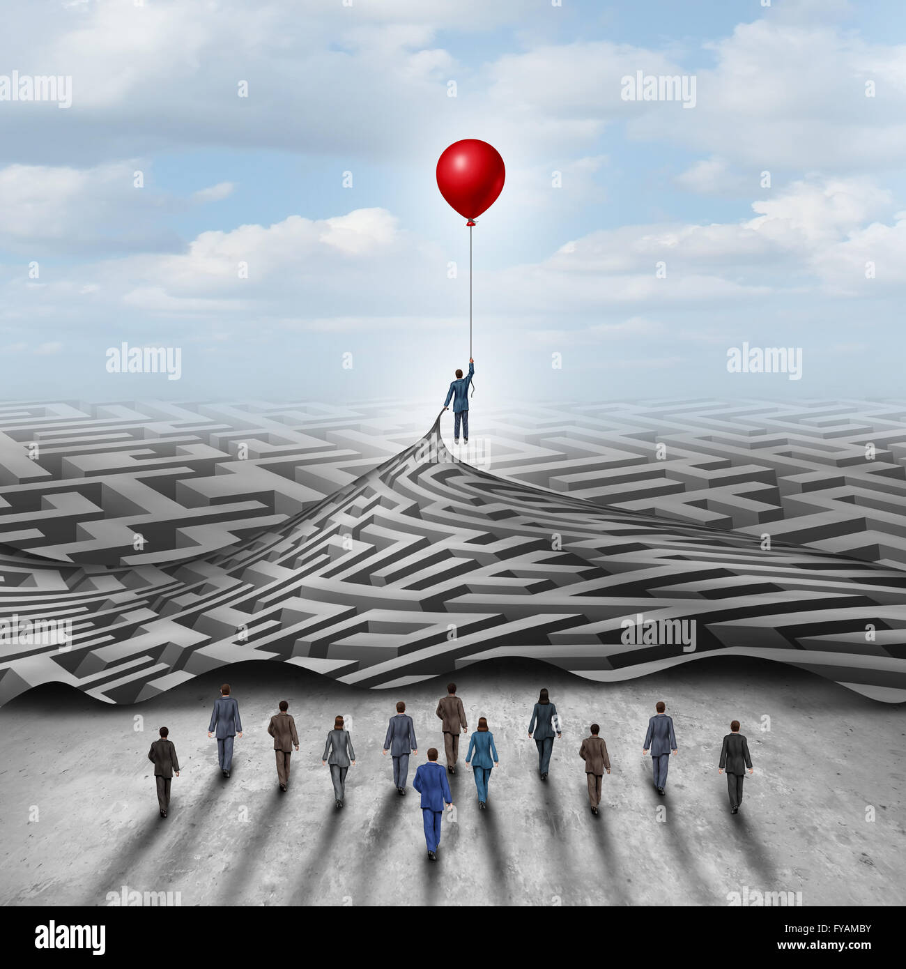 Mitarbeiter-Lösung und Belegschaft Führer Führung mit einem Geschäftsmann hält einen Ballon heben eine komplizierte 3D Abbildung Labyrinth für eine Gruppe von Mitarbeitern eröffnet. Stockfoto