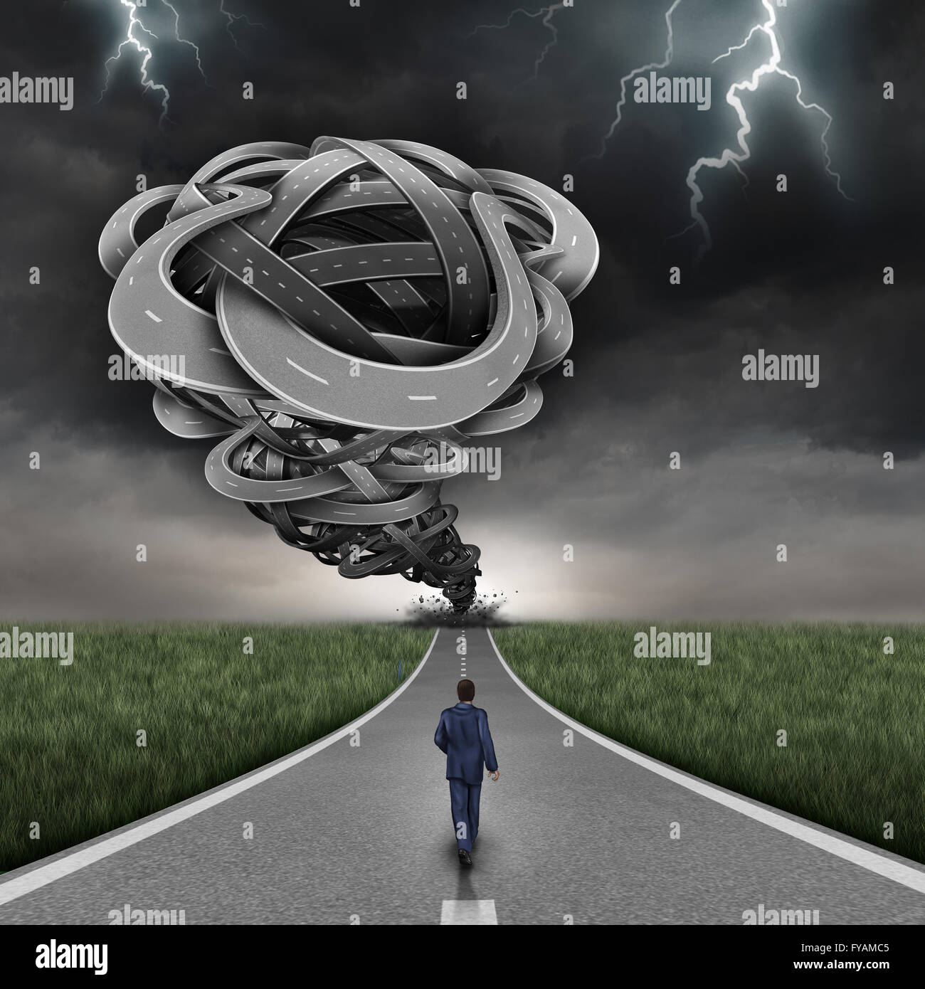 Eingehenden Gefahr Geschäftskonzept und finanzielles Risiko Weg als eine Gruppe von 3D-Illustration verdreht Straßen geprägt als gefährliche Tornado mit einem kühnen Geschäftsmann zu Fuß in Richtung der Gefahr ohne Angst als ein Symbol für Mut. Stockfoto