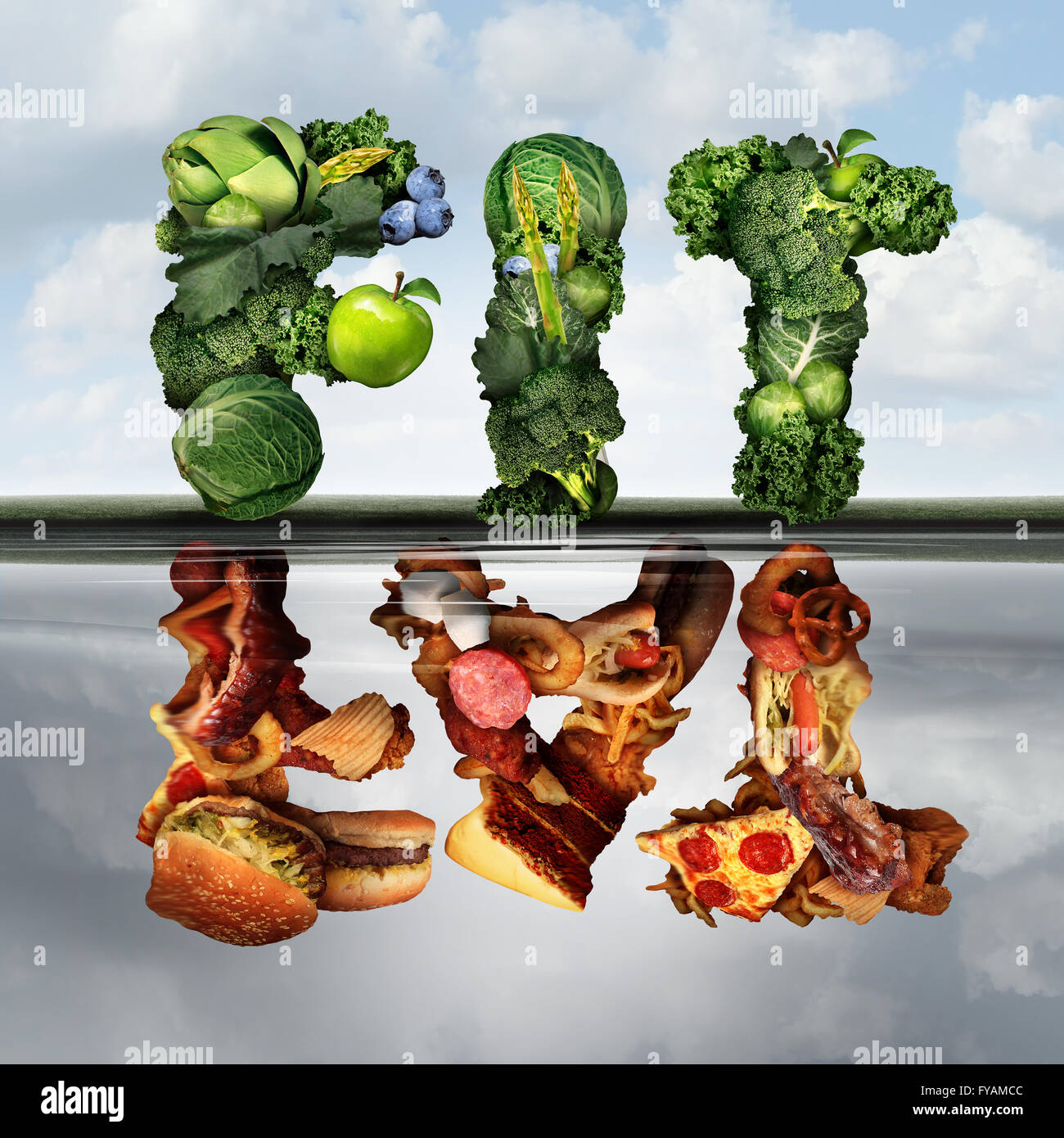 Essen Lifestyle Konzept Fett ändern oder passen als gesunde Gruppe grün, Obst und Gemüse was fettiges ungesundes Essen als Symbol für Diabetes oder Diabetiker Ernährung mit 3D Abbildung Elemente. Stockfoto