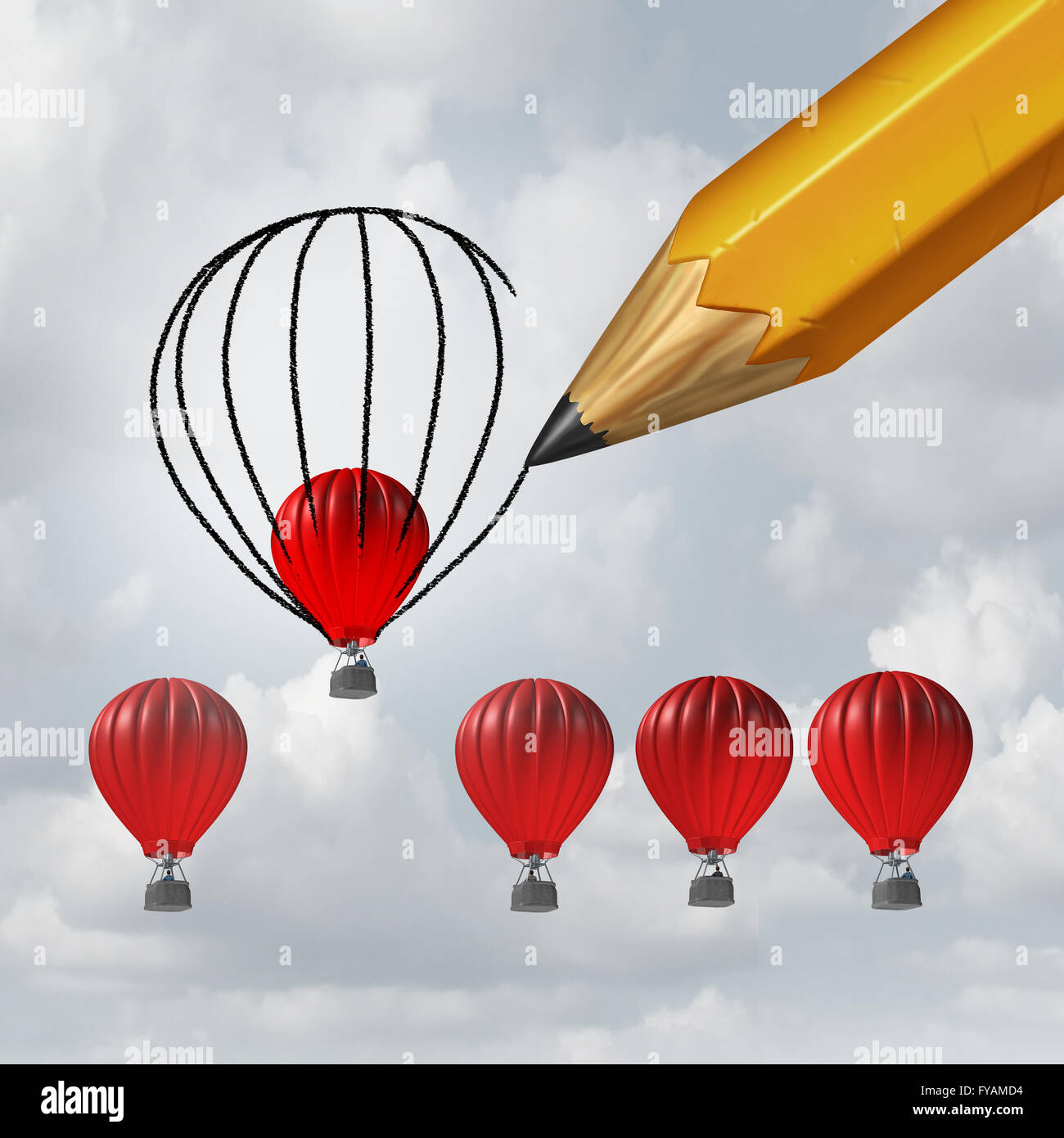 Machen Sie Dinge besser und Verbesserung Konzept als eine Gruppe von konkurrierenden Luftballons als eine einzelne Winer durch eine Bleistiftzeichnung einer größeren Form, wodurch ein Vorteil mit 3D Abbildung Elemente half. Stockfoto