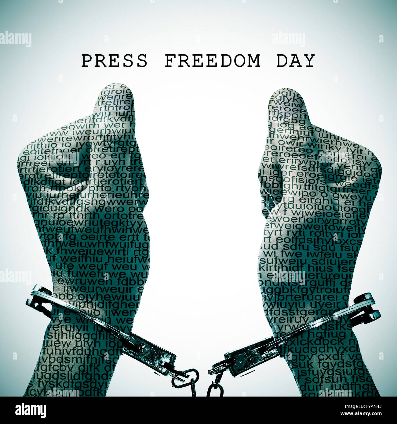 der Text Tag der Pressefreiheit und einen gefesselten Mann mit seinen Händen und Handgelenken gemustert mit Worten keinen Sinn Stockfoto