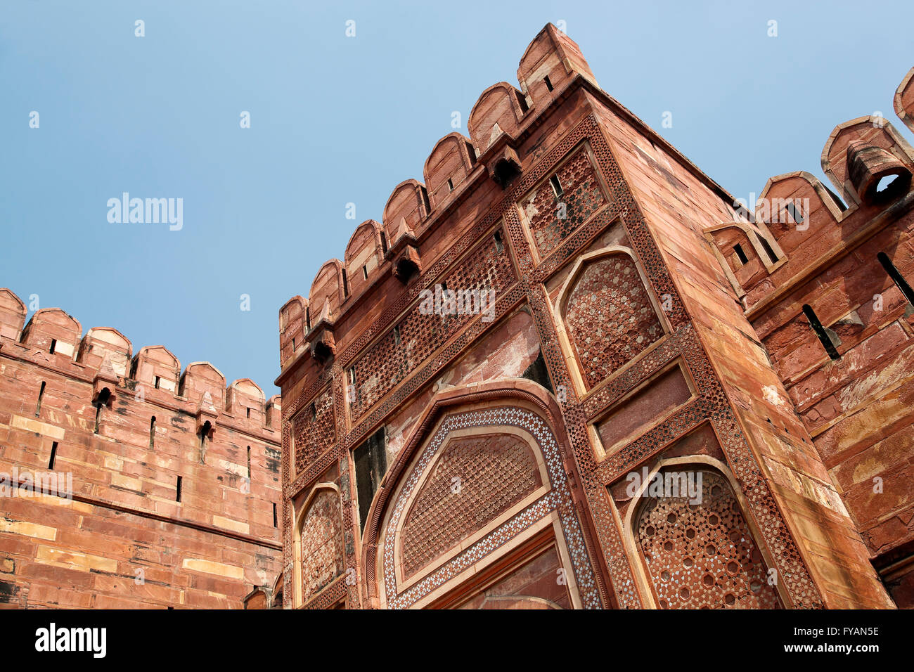 Turm, Agra Fort, auch bekannt als Red Fort, Agra, Uttar Pradesh, Indien Stockfoto