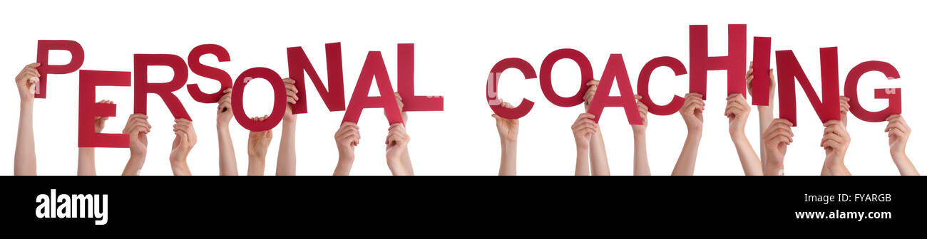 Viele Menschen Hände halten rote Wort persönliches Coaching Stockfoto