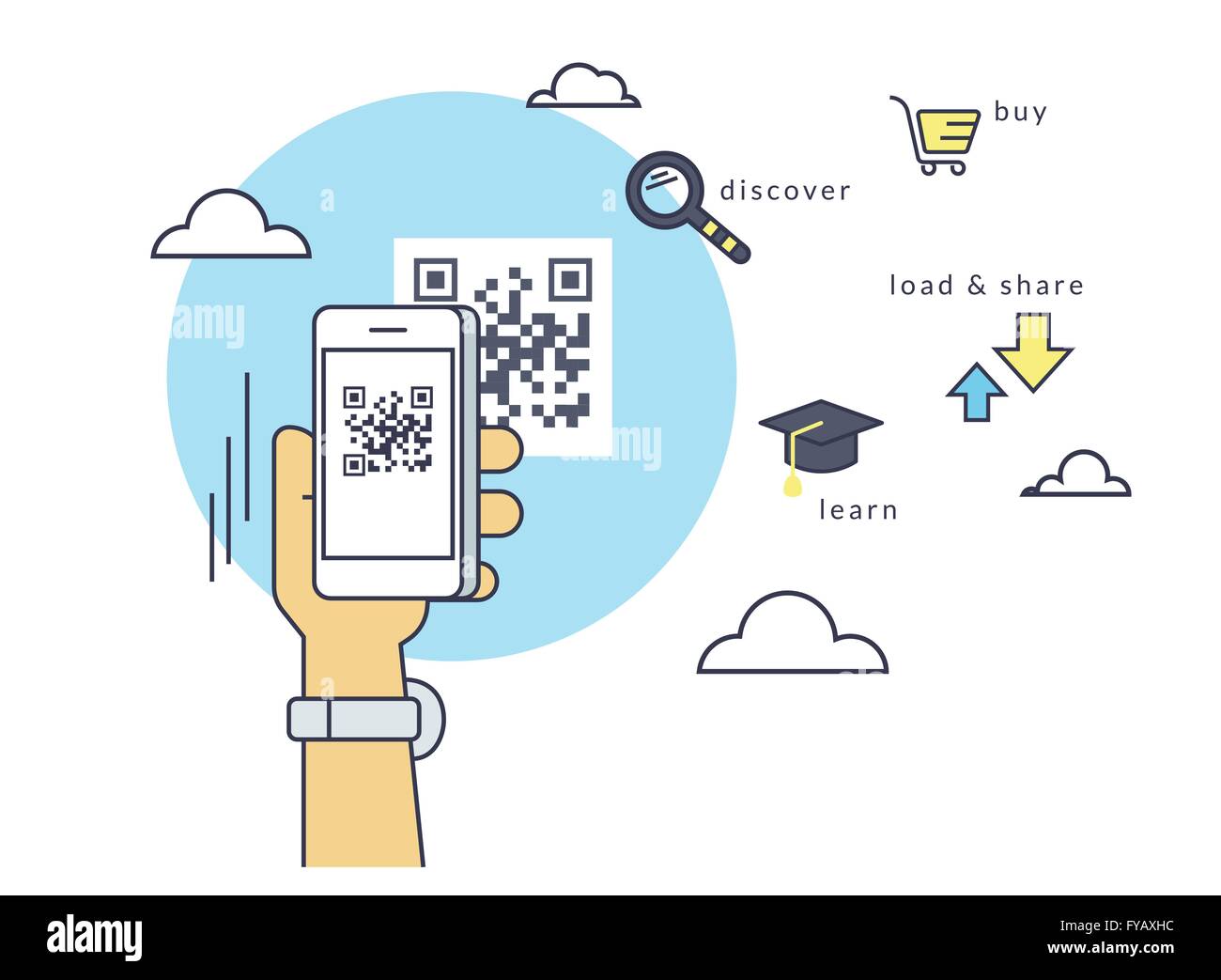 Mann ist QR-Code per Smartphone-app scannen. Stock Vektor