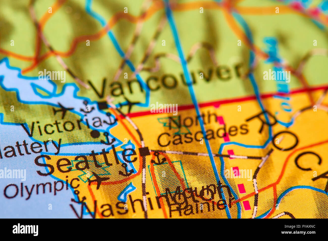 Seattle, Stadt in den USA auf der Weltkarte Stockfoto