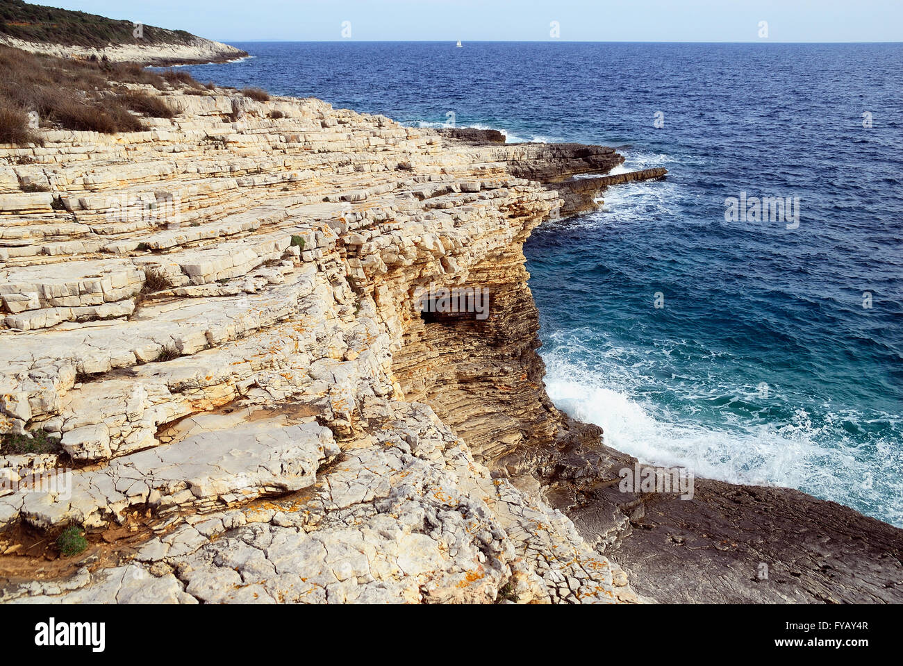 Naturpark Kamenjak, Premantura, Istrien, Kroatien. Kap Kamenjak. Der Park ist etwa zehn Kilometer von Pula entfernt, es ist der Lebensraum der Mittelmeer-Mönchsrobbe. Stockfoto