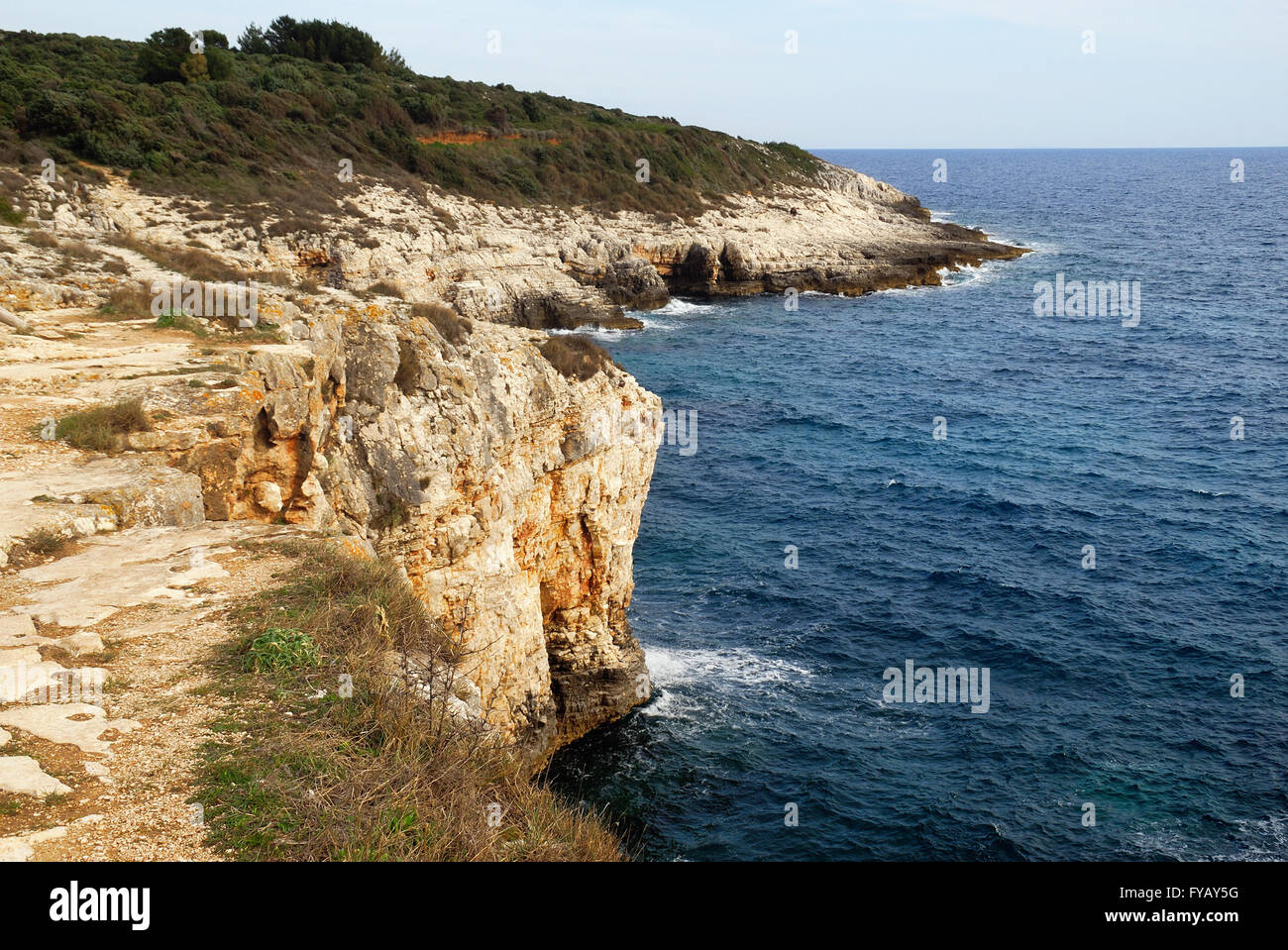 Naturpark Kamenjak, Premantura, Istrien, Kroatien. Kap Kamenjak. Der Park ist etwa zehn Kilometer von Pula entfernt, es ist der Lebensraum der Mittelmeer-Mönchsrobbe. Stockfoto