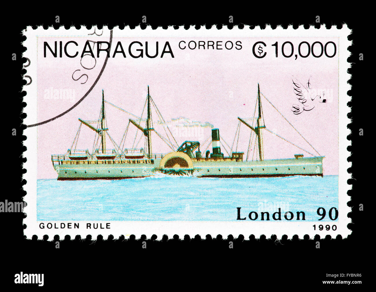 Briefmarke aus Nicaragua, die Darstellung des Schiffes goldene Regel Stockfoto