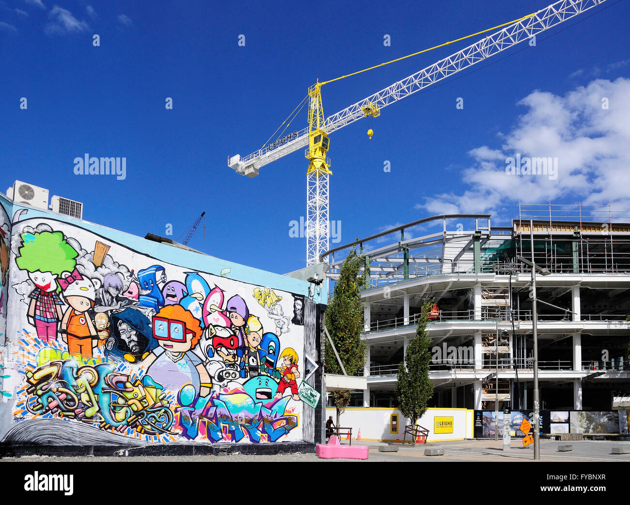 Wandbild und Erdbeben wieder aufzubauen, Hereford Street, Christchurch, Canterbury, Südinsel, Neuseeland Stockfoto