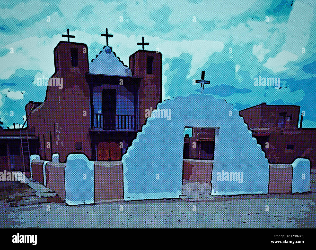 Kirche in Taos, New Mexico. Gebürtige amerikanische Architektur. Digital verändert. Stockfoto