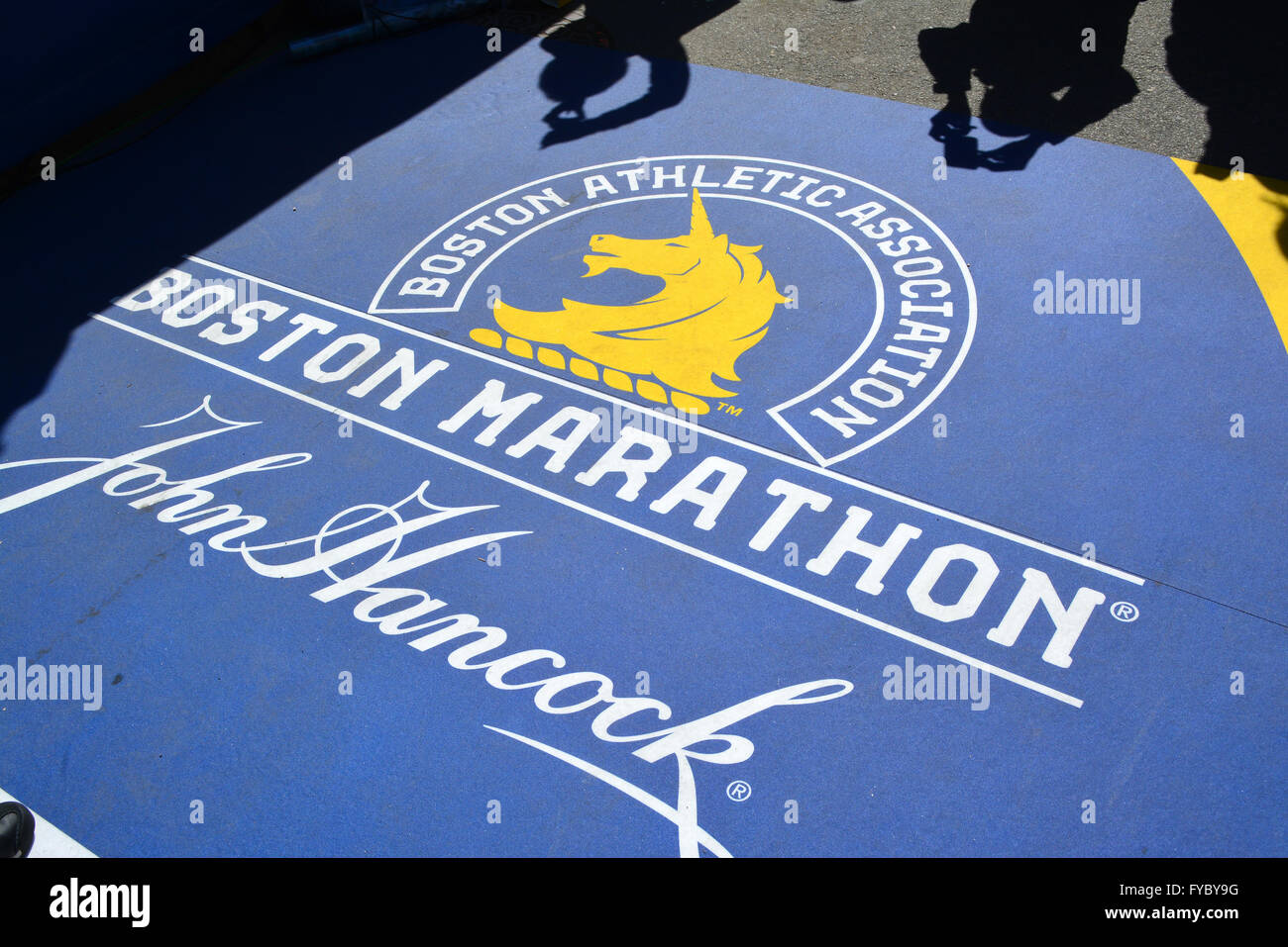 Boston-Marathon die Ziellinie an der Boylston Street in Back Bay. Stockfoto