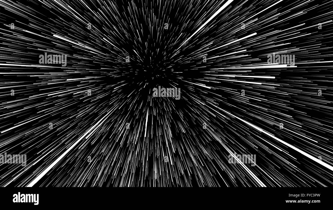 3D Darstellung der Sternspuren am Universum auf schwarzem Hintergrund Stockfoto