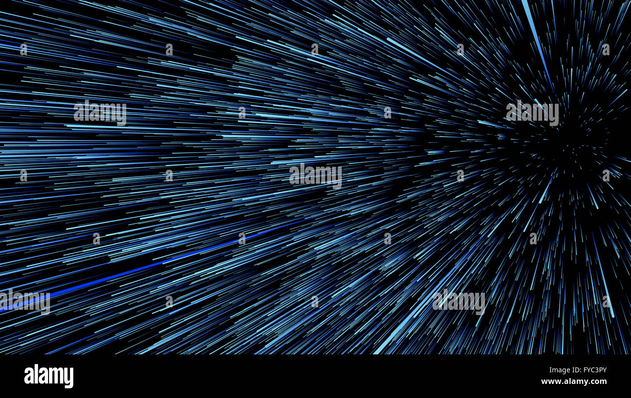 3D Darstellung der Sternspuren am Universum auf schwarzem Hintergrund Stockfoto