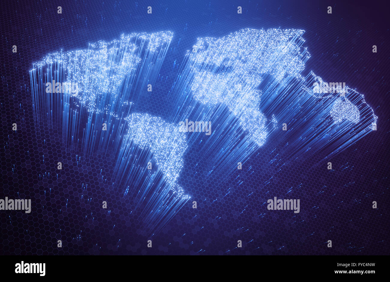 Lichtleitfasern beleuchteten in Form der Weltkarte. 3D Bild-Konzept der globalen Kommunikation durch optische Faser. Stockfoto