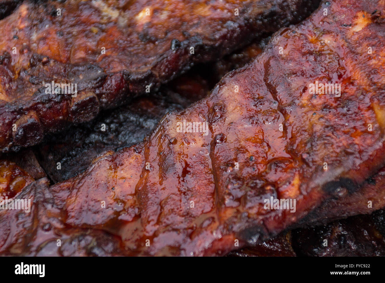 Gegrilltes Schweinefleisch Rippen Closeup - spare-Ribs-Makro Stockfoto