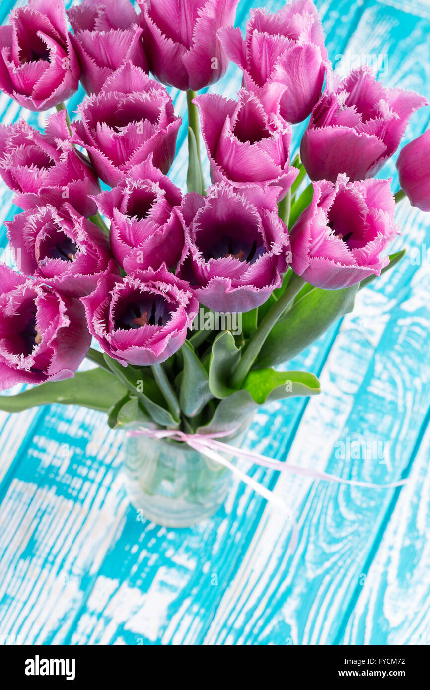 violette Tulpen auf dem blauen Hintergrund aus Holz. Stockfoto