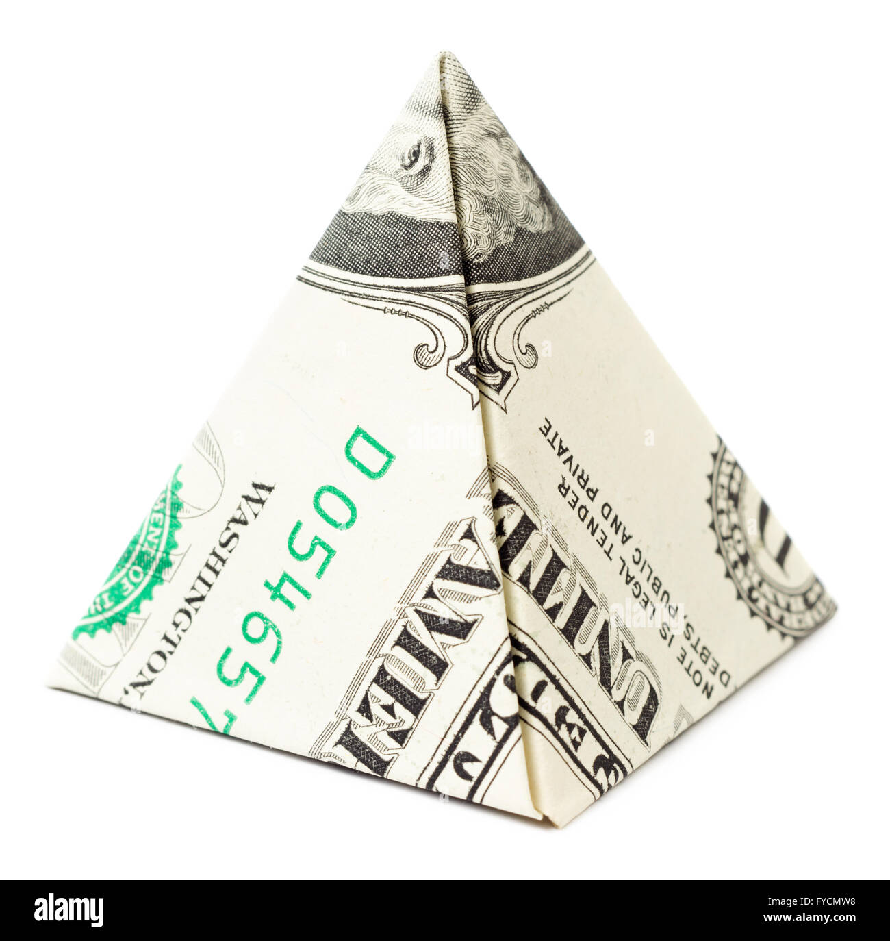 Origami-Dollar-Pyramide isolierten auf weißen Hintergrund. Stock Bild. Stockfoto