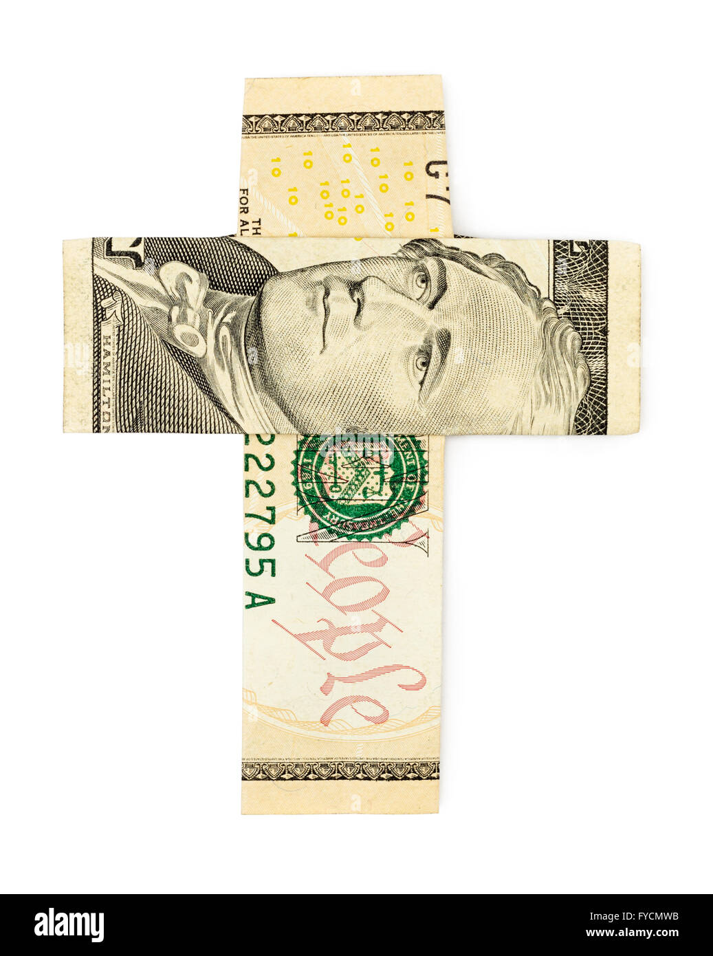 Zehn Dollar Origami Kreuz isolierten auf weißen Hintergrund. Stock Bild. Stockfoto